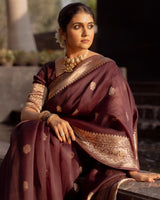 Praveena - Maroon Organza Silk Saree with Floral Zari Motifs and Brocade Border
