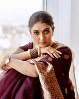 Praveena - Maroon Organza Silk Saree with Floral Zari Motifs and Brocade Border