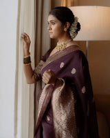 Praveena - Maroon Organza Silk Saree with Floral Zari Motifs and Brocade Border