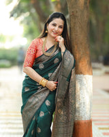 Vritika - Green Banarasi Silk Saree with Silver Zari Motifs