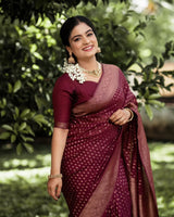 Shaambhavi – Maroon Banarasi Silk Saree with Traditional Woven Pallu & Border