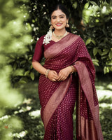 Shaambhavi – Maroon Banarasi Silk Saree with Traditional Woven Pallu & Border