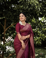 Shaambhavi – Maroon Banarasi Silk Saree with Traditional Woven Pallu & Border