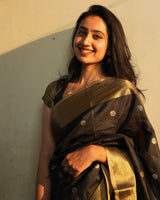 Lalima - Black Cotton Silk Saree with Zari Dot Weave and Gold Border