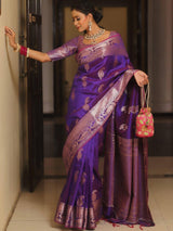 Vijayalakshmi - Purple Kanjivaram Silk Saree with Gold Paisley Zari Border