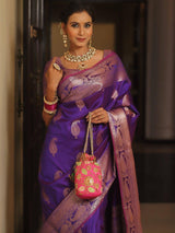 Vijayalakshmi - Purple Kanjivaram Silk Saree with Gold Paisley Zari Border