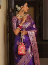 Vijayalakshmi - Purple Kanjivaram Silk Saree with Gold Paisley Zari Border