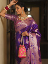 Vijayalakshmi - Purple Kanjivaram Silk Saree with Gold Paisley Zari Border