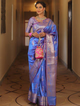 Vijayalakshmi - Blue Kanjivaram Silk Saree with Gold Paisley Zari Border