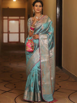 Vimla - Sky Blue Banarasi Silk Saree with Golden Paisley Weaving