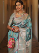 Vimla - Sky Blue Banarasi Silk Saree with Golden Paisley Weaving