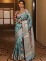 Vimla - Sky Blue Banarasi Silk Saree with Golden Paisley Weaving