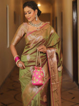 Vimla - Green Banarasi Silk Saree with Golden Paisley Weaving