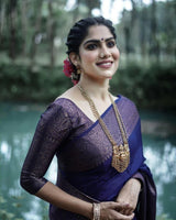 Nayira - Navy Blue Soft Silk Saree with Silver Zari Border and Matching Blouse