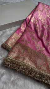 Luxury Pink Banarasi Silk Saree with Heavy Zari Weaving & Designer Fringe Border