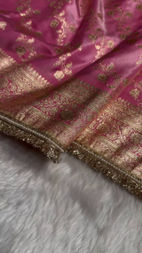 Luxury Pink Banarasi Silk Saree with Heavy Zari Weaving & Designer Fringe Border