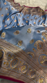 Royal Sky Blue Silk Saree with Heavy Golden Zari, Stone Embellishment & Contrast Border
