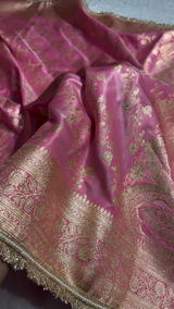 Luxury Pink Banarasi Silk Saree with Heavy Zari Weaving & Designer Fringe Border
