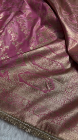 Luxury Pink Banarasi Silk Saree with Heavy Zari Weaving & Designer Fringe Border