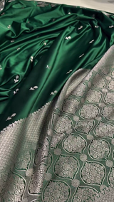 Emerald Green Satin Silk Saree with Silver Floral Zari Border
