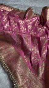 Luxury Pink Banarasi Silk Saree with Heavy Zari Weaving & Designer Fringe Border