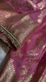 Luxury Pink Banarasi Silk Saree with Heavy Zari Weaving & Designer Fringe Border