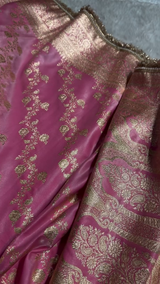 Luxury Pink Banarasi Silk Saree with Heavy Zari Weaving & Designer Fringe Border