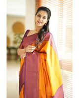 Kavya - Yellow Soft Banarasi Silk Saree with Copper Jacquard Buttas