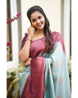 Kavya - Sky Soft Banarasi Silk Saree with Copper Jacquard Buttas