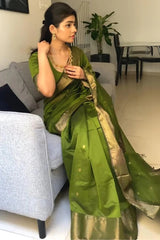 Bhavna - Green Pure Linen Silk Saree with Jacquard Weaving
