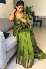 Bhavna - Green Pure Linen Silk Saree with Jacquard Weaving