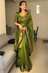 Bhavna - Green Pure Linen Silk Saree with Jacquard Weaving