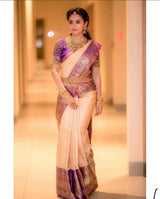 Runika - Peach Soft Silk Saree with Jacquard Purple Blouse