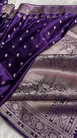 Royal Purple Banarasi Silk Saree with Silver Zari Floral Butta