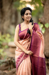 Kavya - Peach Soft Banarasi Silk Saree with Copper Jacquard Buttas