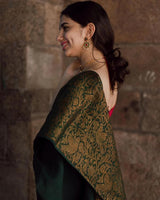 Charvika - Green Soft Silk Saree with Antique Gold Border and Red Blouse