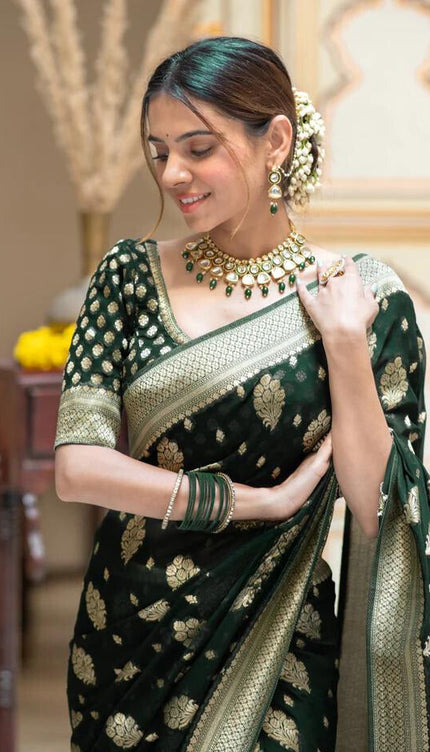 Green Banarasi Soft Silk Saree