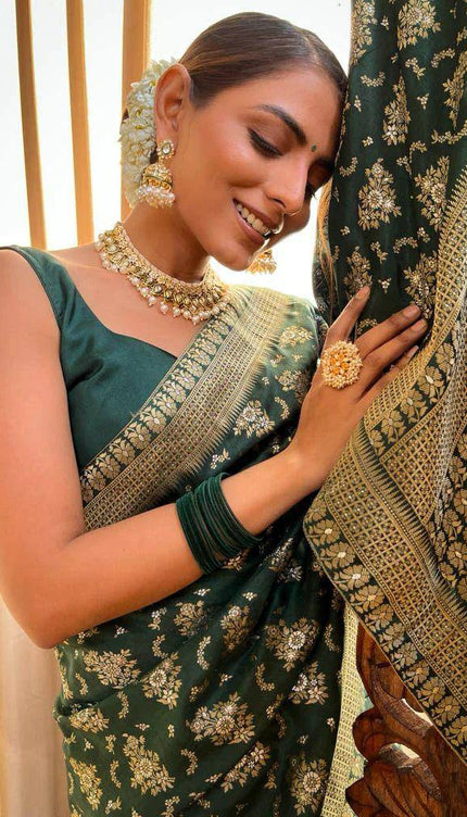 Laita Green Banarasi Silk Saree