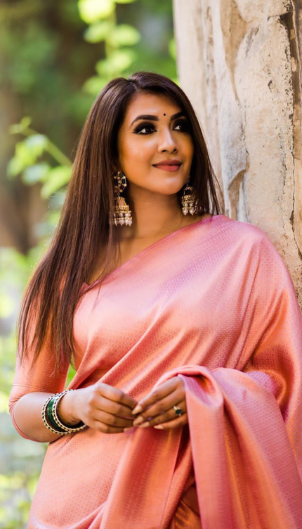 Bindu Peach Litchi Silk Saree With Attached Blouse