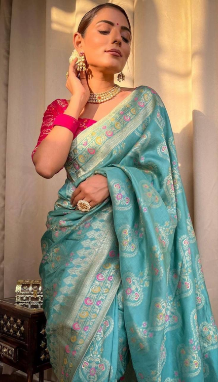 Tisha Sky Blue  Soft Banarasi Saree With Attached Blouse