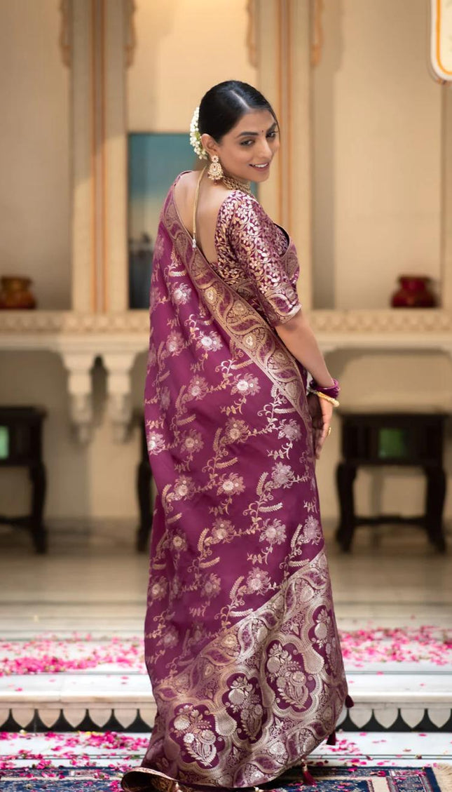 Hema Wine Banarasi Silk Saree WIth Fabulouse Blouse Piece