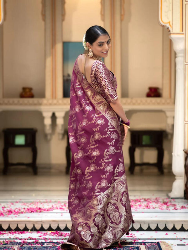 Hema Wine Banarasi Silk Saree WIth Fabulouse Blouse Piece