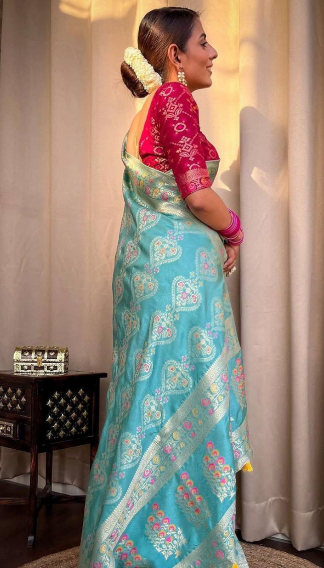 Tisha Sky Blue  Soft Banarasi Saree With Attached Blouse