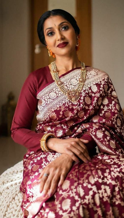 Wine Banarasi Silk Saree