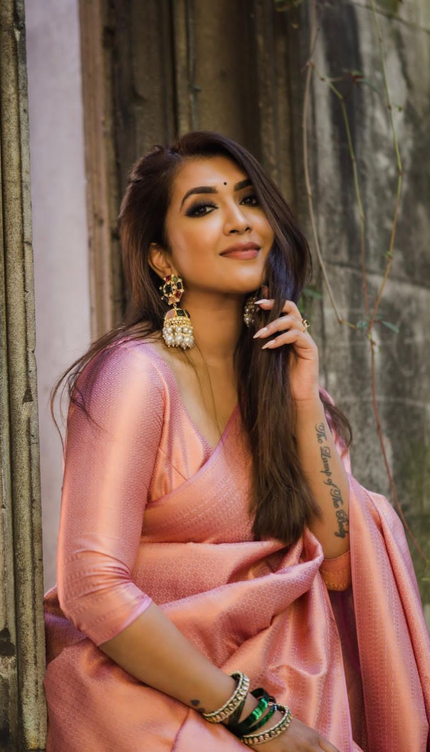 Bindu Peach Litchi Silk Saree With Attached Blouse