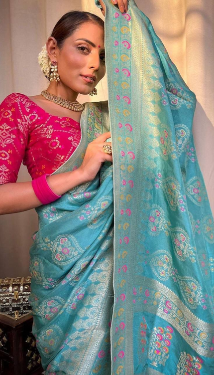 Tisha Sky Blue  Soft Banarasi Saree With Attached Blouse