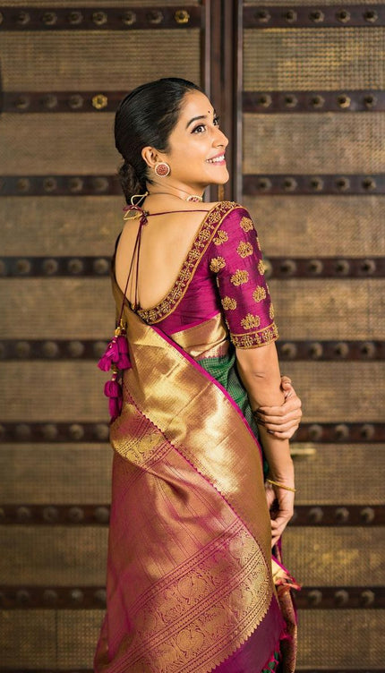 Valiba Emeral Green & Gold-toned Silk Blend Woven Design Banarasi Saree