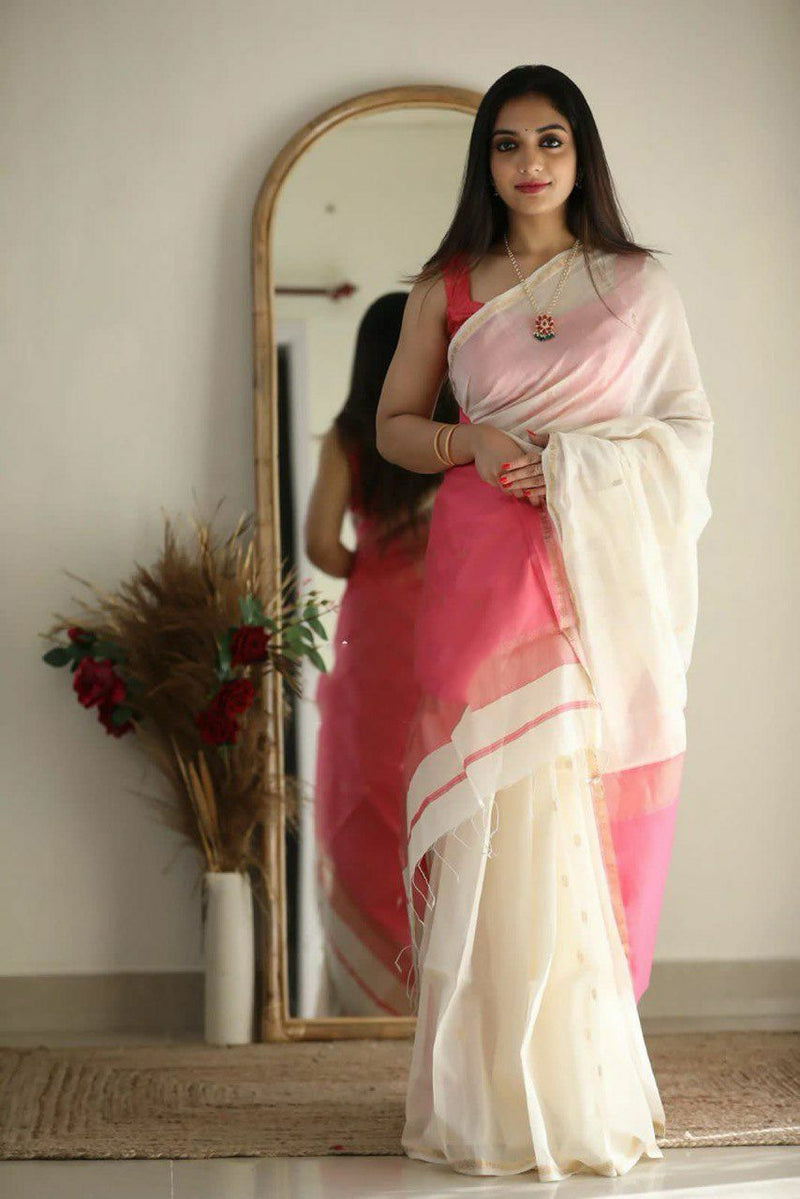 Off White Jacquard Soft Silk Saree