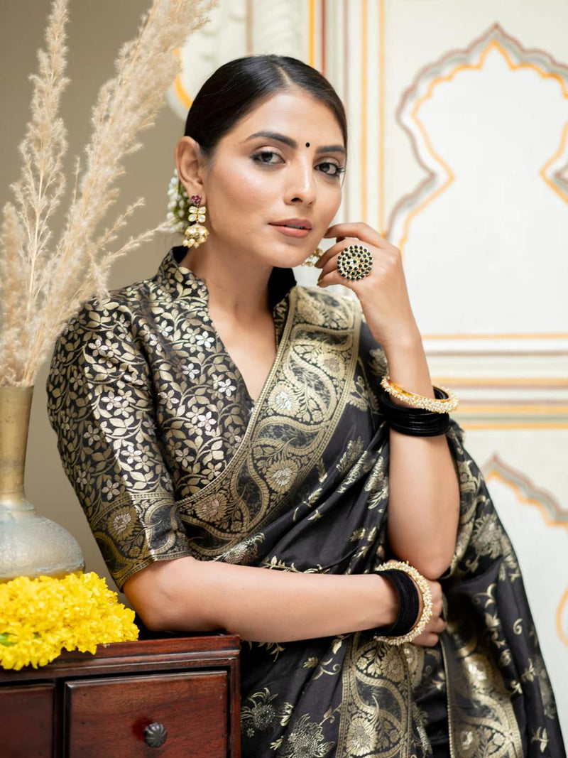 Hema Black Banarasi Silk Saree WIth Fabulouse Blouse Piece