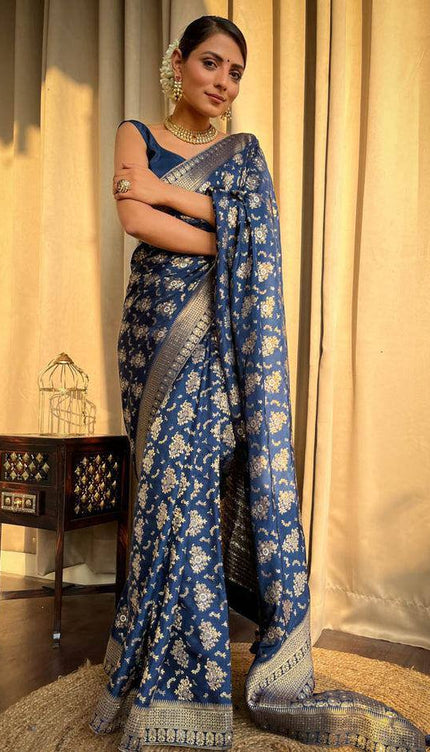 Blue Colour Pure Soft Silk Saree With Twirling Blouse Piece